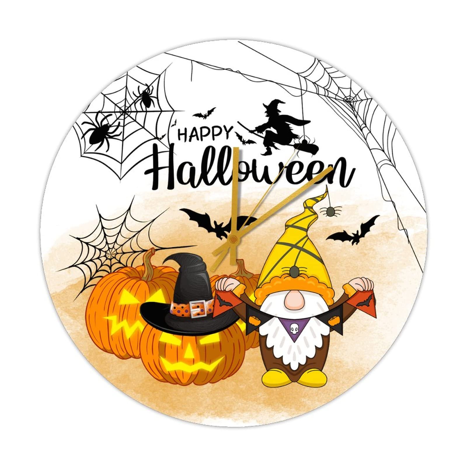 Horloge murale ronde en bois Halloween avec nain de citrouille silencieuse 38cm