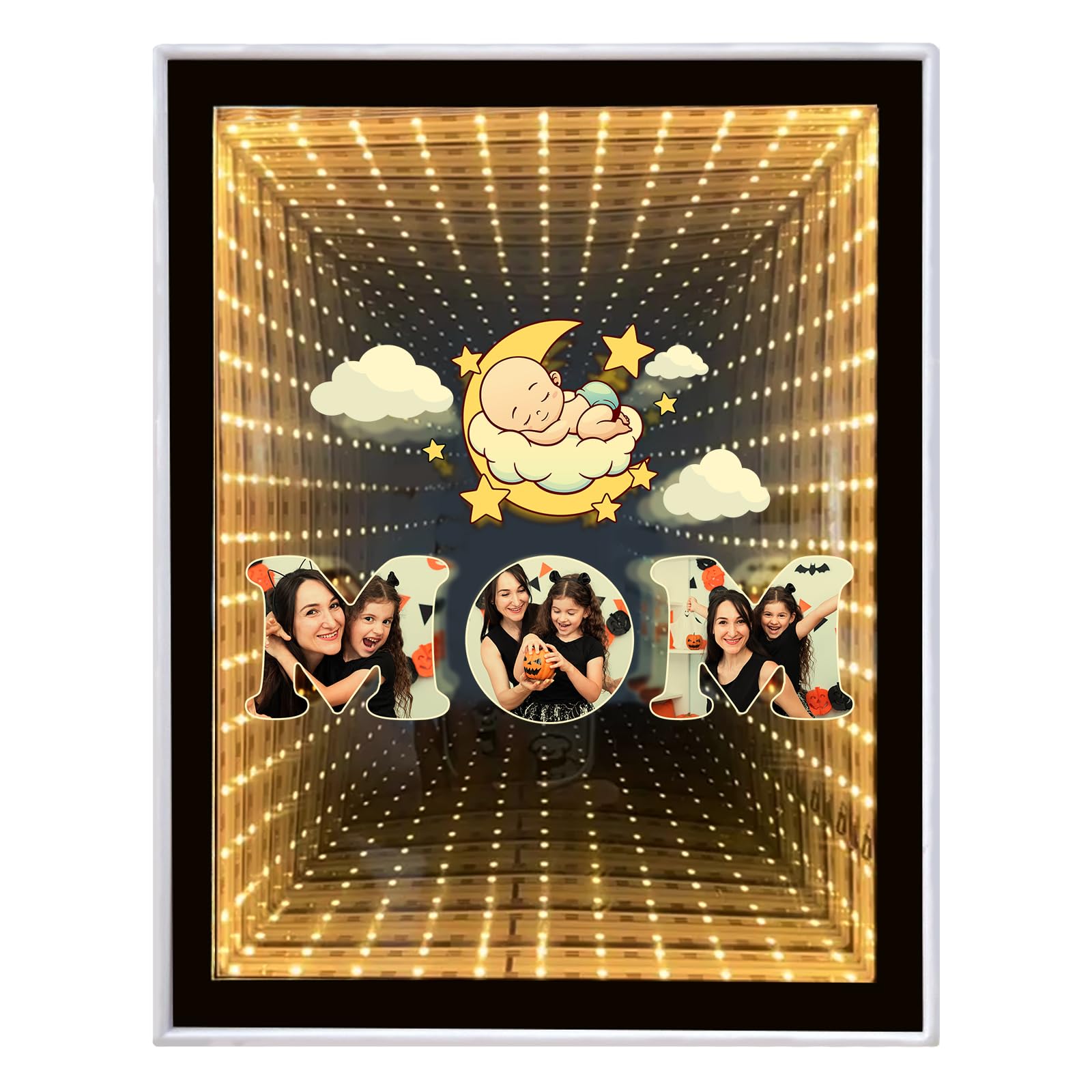Personalised Photo Frame Infinity Mirror, Custom Mothers Day, Thanksgiving, Birthday Gifts for Mom, Desktop LED Night Light Makeup Mirror 2 in 1, Home Decoration Bedroom Office Living Room