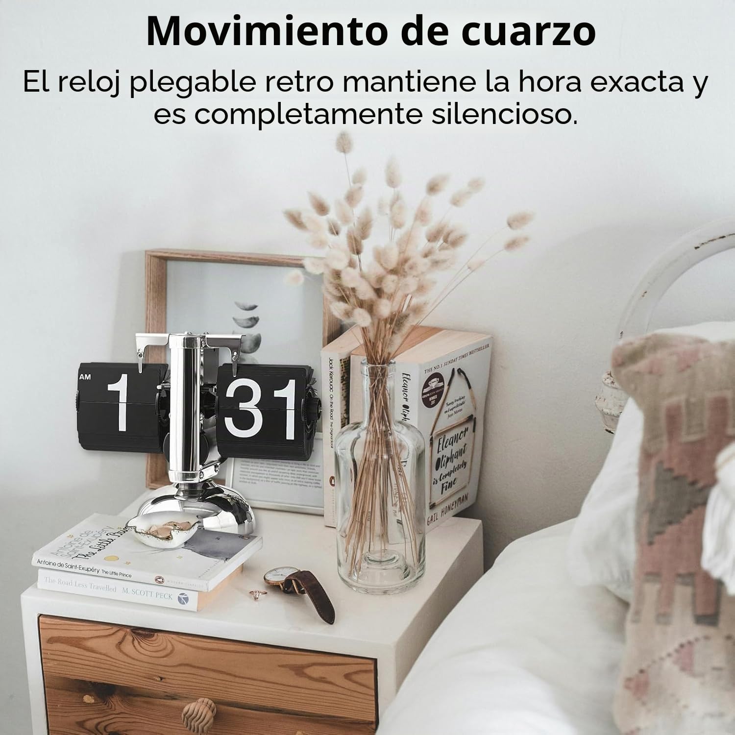 Reloj retro con tapa y tapa, reloj de escritorio digital, funciona con pilas, minimalista, con una sola base, reloj de escritorio mecánico para el hogar, salón (negro)