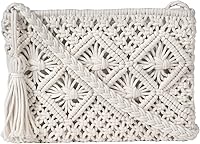 Eiyye Handmade Boho Crochet Crossbody Bag - Cotton Rope Shoulder Purse with Tassel, Off-White 10x8in for Women
