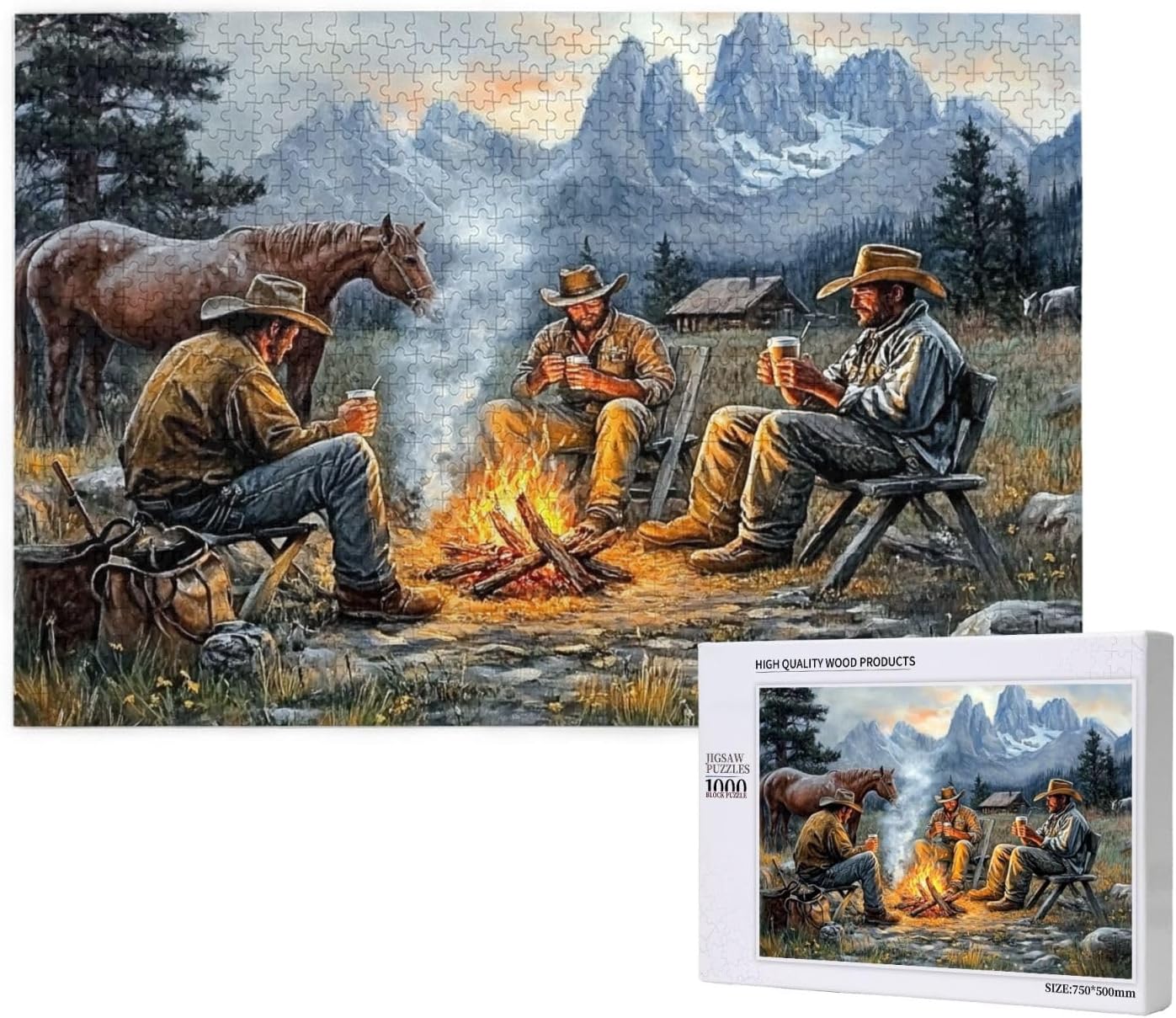 Cowboys by The Campfire，Adult Stress-Relieving Wooden Jigsaw Puzzle, 1000 Pieces，Retro Western-Themed Adult Jigsaw，Ideal Choice for Training Patience and Hands-On Ability