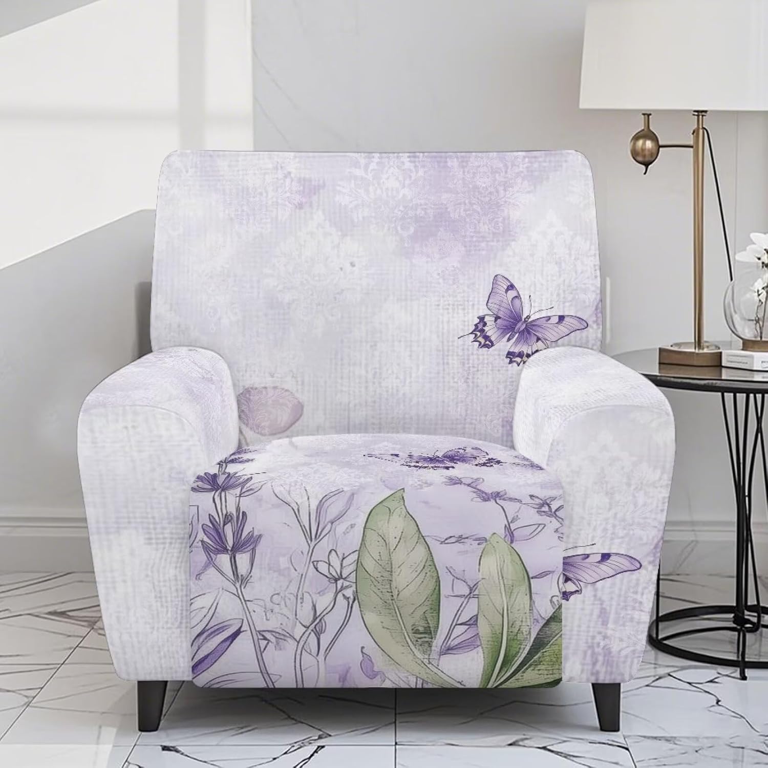 FOR U DESIGNS Lavender Purple Butterfly Recliner Chair Covers 4-Piece Set Stretch Non Slip Convenient Pockets for Storage Washable Against Stains and Pet Hair on Reclining Furniture