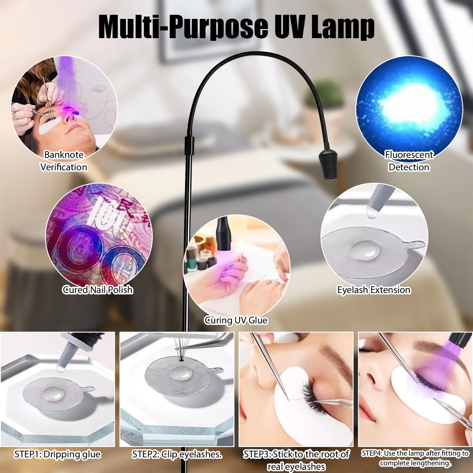 Lámpara UV para Pestañas, Luz LED UV 10W para de Curado | Luz LED UV, de Cuello de Cisne, Curado Rápido en 1-3 Segundos para Extensiones de Pestañas con Función Temporizador