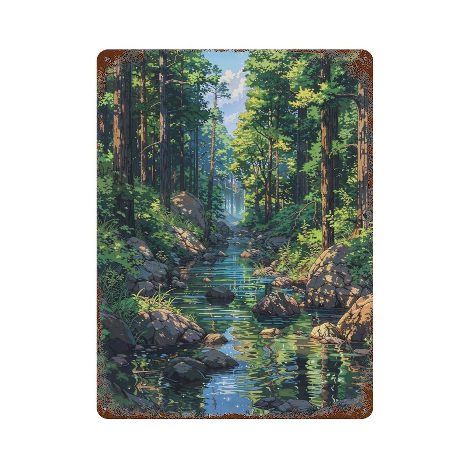 Anime River Forest Fantasy Rustic Tin Plaque 15.7"x11.8", for Living Room, Hallway And Home Decor, Decorative Metal Wall Art