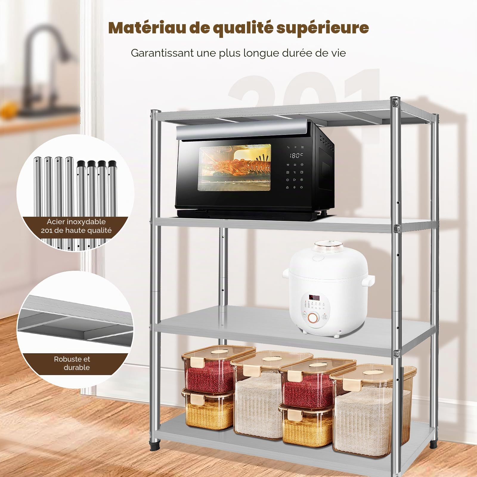 Table de travail en acier inoxydable à 4 étages - Étagère en acier inoxydable - Table de cuisine - Étagère de restauration pour garde-manger, restaurants, cuisines, grandes cuisines