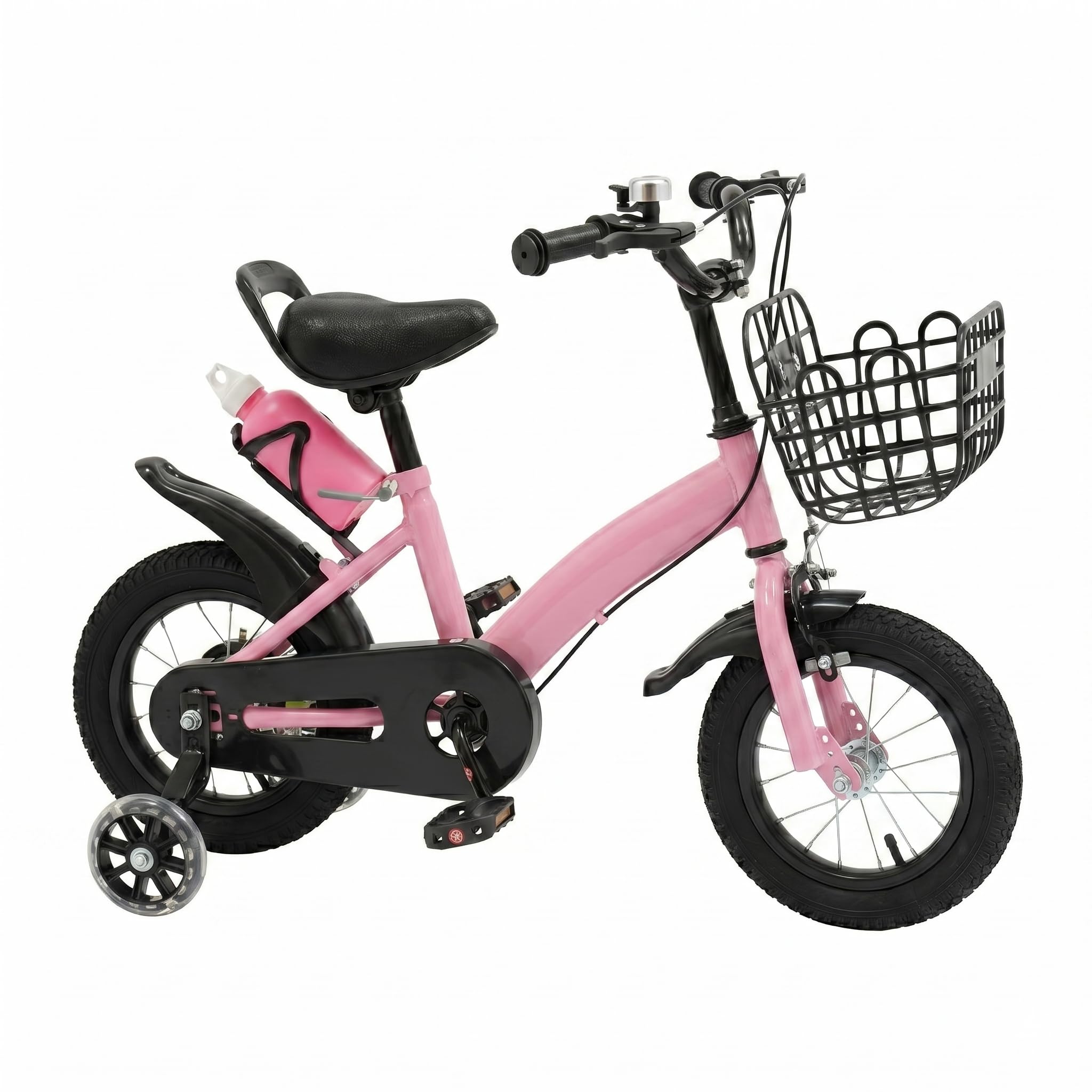 Bicicletta per bambini da 12 pollici a partire dai 2 ai 5 anni, manubrio e sedile regolabili in altezza, bicicletta per bambini con ruote di supporto, cestino e bottiglia d'acqua, colore rosa, robusta