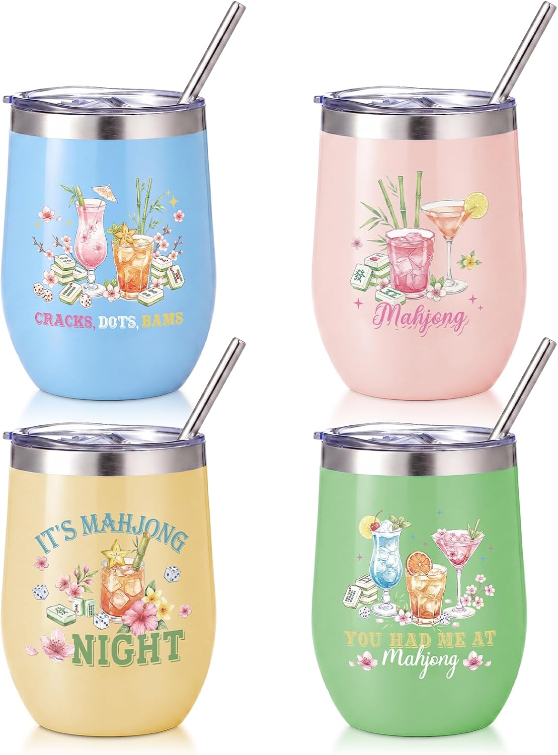 Patelai 4 Pcs Mahjong Cup with Lid 12oz Stainless Steel Insulated Cups Mahjong Accessories Travel Coffee Tumbler for Women Men Mah Jong Lovers Birthday Gift Game Night Party Favors(Summer Styles)