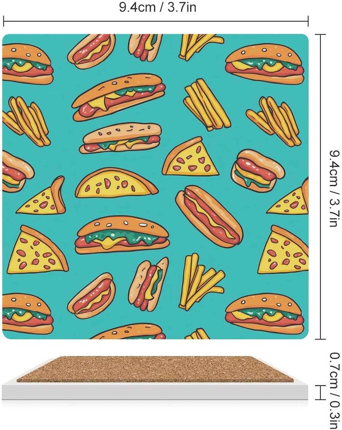 Hot Dogs Pizza Slices Funny Ceramic Coasters for Drinks Absorbent Cup Holder Tabletop Protector with Cork Base