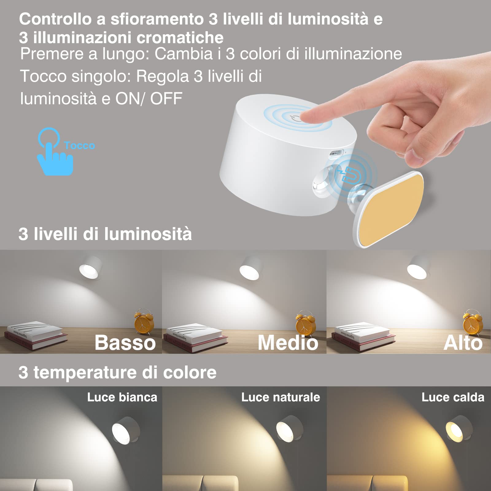 Coollamp Luci da parete a batteria, Applique da parete per interni con 3 Modalità di Colore, 3 livelli di luminosità, Rotazione di 360°, Controllo Tattile, lampada da muro per Lettura 1Pcs