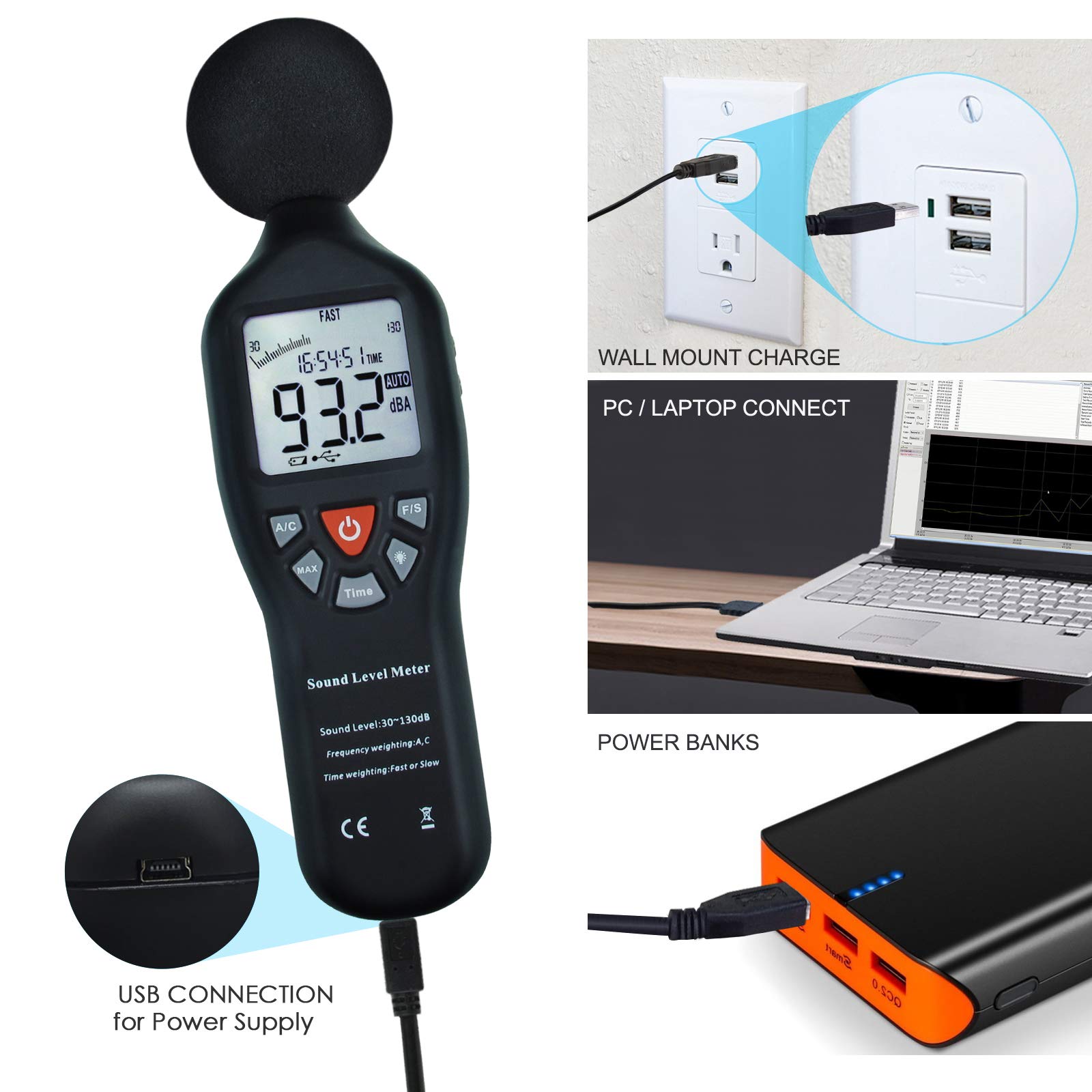 Digitaler Schallpegelmesser mit Stativmontage Rücklichtanzeige Hochgenauigkeitsmessung 30dB-130dB Kompaktgerät Geräusche aus Industriemaschinen, Umweltmessungen.