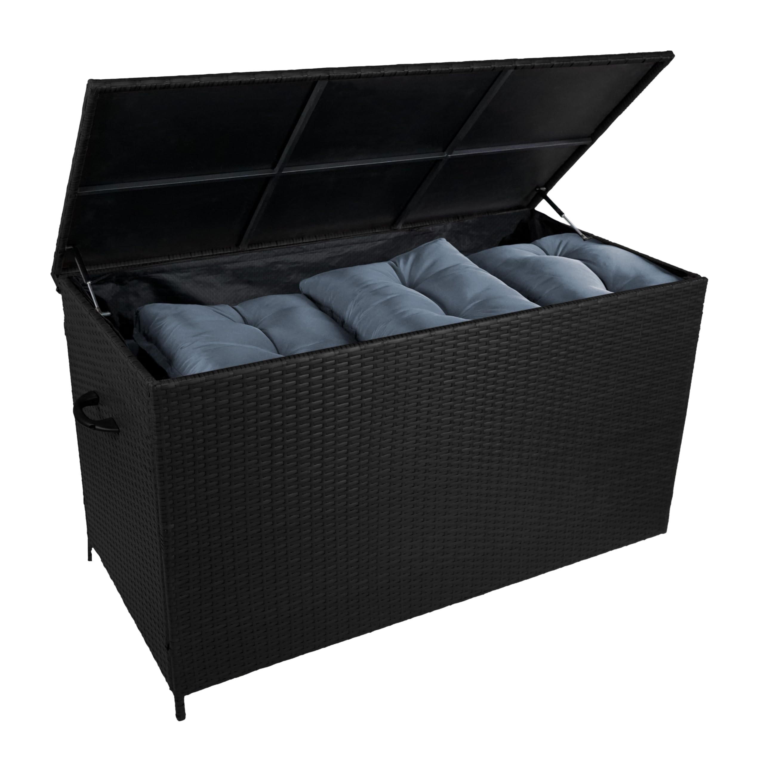 Set da Giardino in Alluminio Bianco con Cassapanca in Rattan Nera – Divano Angolare 7 Posti Tavolo da Pranzo 2 Sgabelli Cuscini Baule 582L con Coperchio a Gas Copertura Impermeabile e Borsa