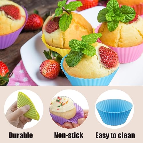 Miniatura 6 de Paquete de 12 forros redondos reutilizables para cupcakes, tazas de silicona para hornear, multicolor, fáciles de limpiar, resistentes al calor,