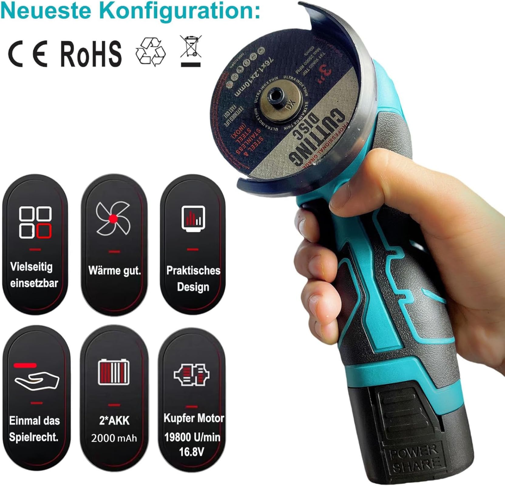 Mini Meuleuse Sans fil 16,8 V, Mini Disqueuse avec 2 Batteries, 28000 tr/min, Disques à Tronçonner 76mm Convient pour Couper Polir Meuler