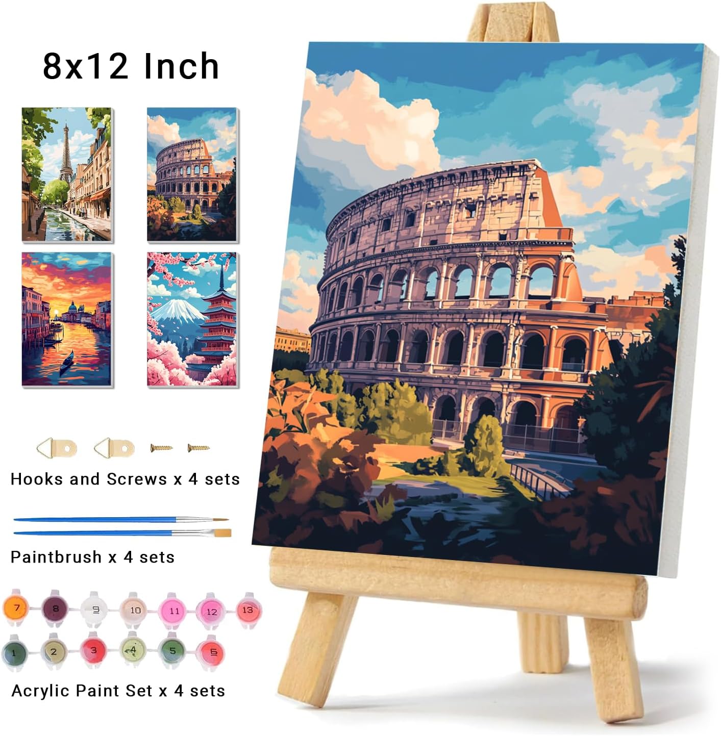 obterie 4 Pack Framed Paint by Numbers Kit for Adults Beginner Canvas Painting by Numbers for Adults Landscapes Easy Adult Paint by Number Kits with Frame City Watercolor Painting by Number 8x12 Inch