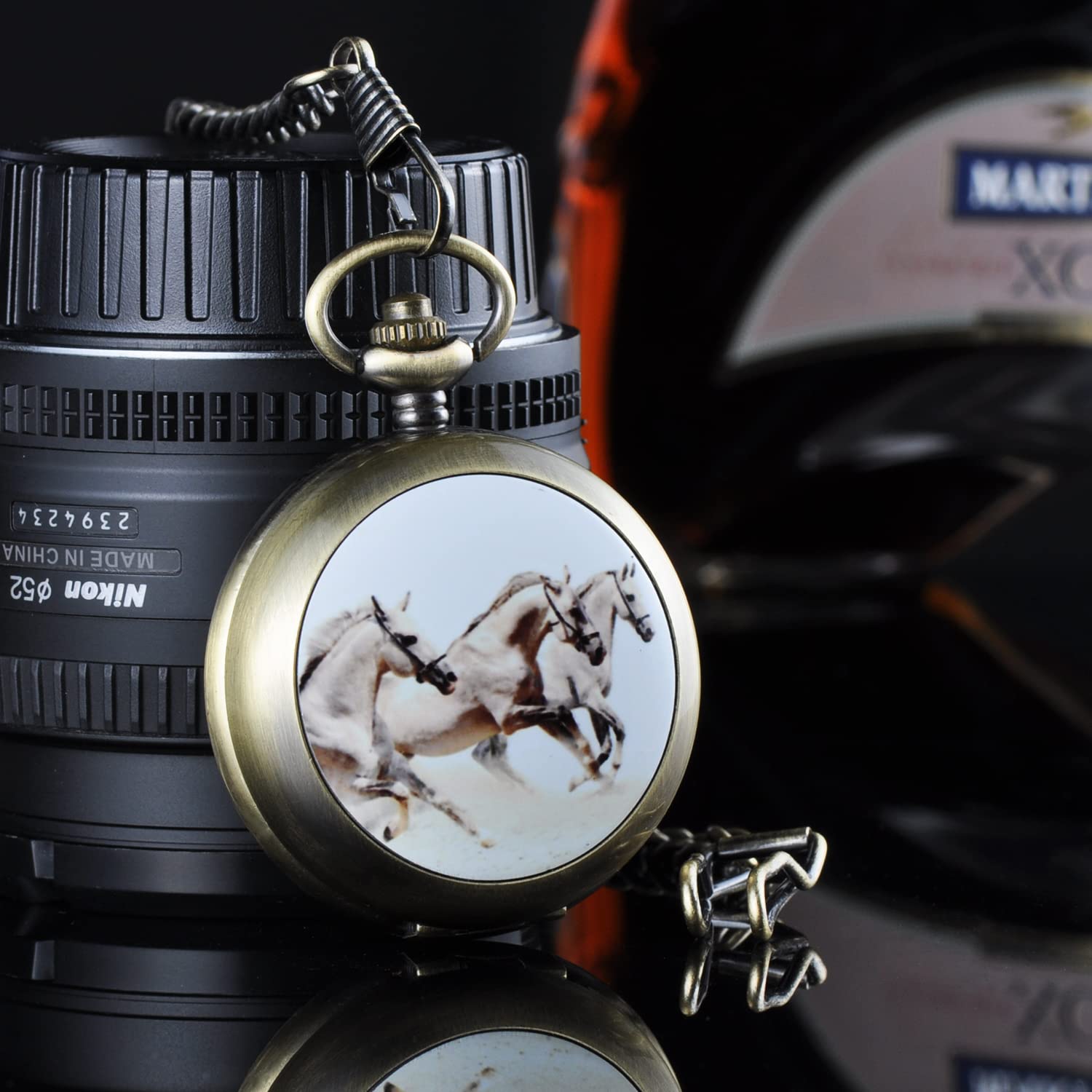 Infinite U Running Horses Skeleton Mechanical Pocket Watch Photo Locket Pendant Hand Wind Roman Numerals White Dial Fob/Long Chain Sweater Necklace