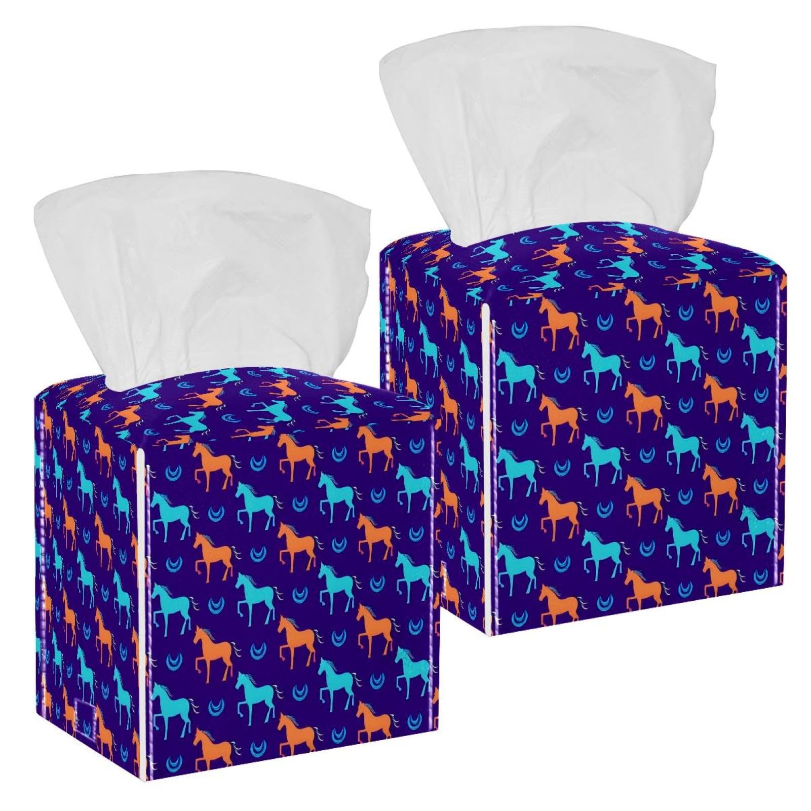 Colored Horse Tissue Box Cover, 2 Pack PU Leather Square Facial Tissue Dispenser Box holder for Home Office Car