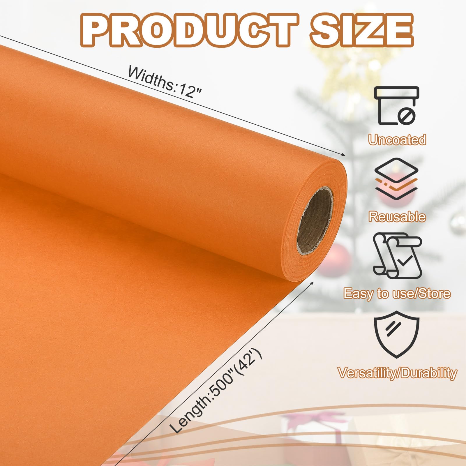 PATIKIL Wrapping Paper, 12" x 500"(42') 70 GSM Craft Paper Roll Kraft Packing Paper for Poster Bulletin Board Gift Wrapping, Orange - Image 2