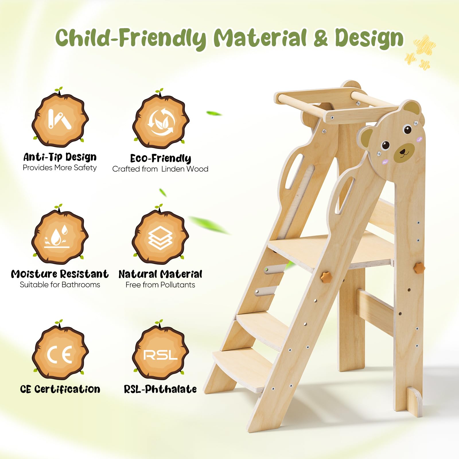 Helangel Torre montessoriana pieghevole per bambini,Montessori Learning Tower Rregolabile in Altezza di età superiore18 mesi bambini per Montessori Learning Cucina in legno naturale(legno aggiornato)