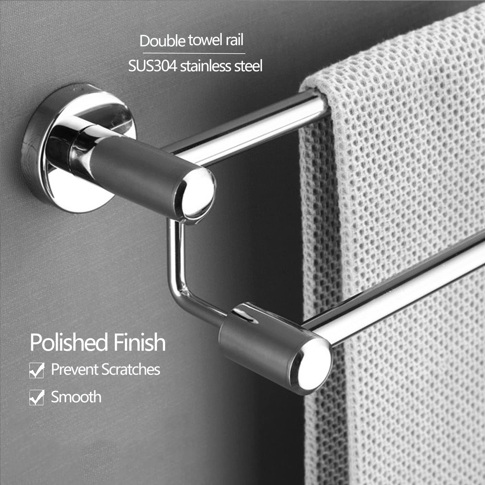 Portasciugamani doppio in acciaio inox, montaggio a parete, per bagno e cucina, 120 cm, argento