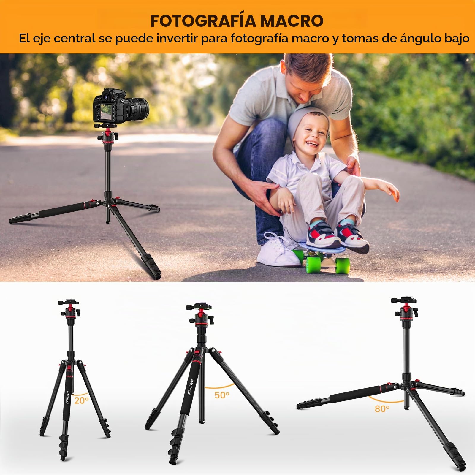 Trípode de Viaje MACTREM de 67"/172 cm con Rótula de 360°, Monopie Aluminio Ligero para Cámara, Smartphone, iPad, Canon, Nikon, Sony, Prismáticos, Nivel Láser y Telescopio | Para Cámara Móvil Tablet Canon Nikon Sony, Prismáticos, Nivel Láser, Telescopio,
