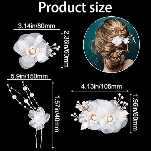 Miniatura 3 de HINZIC 2 pinzas para el cabello nupcial y 2 pinzas para el cabello de boda con flores y perlas pinzas para el cabello blancas accesorios para el