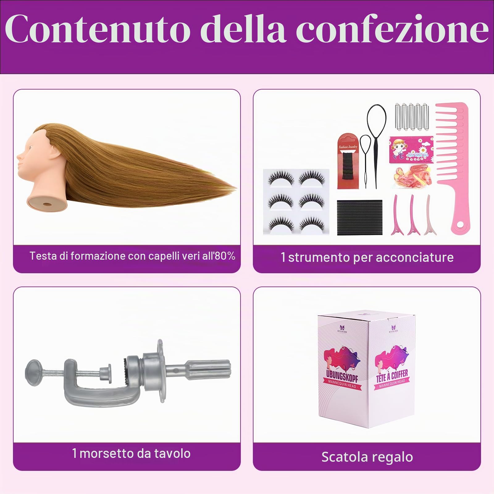 Neverland 71cm Testa Bambola da Truccare e Pettinare con Capelli Veri, Testa per Parrucchieri, Supporto da Tavolo (Biondo)