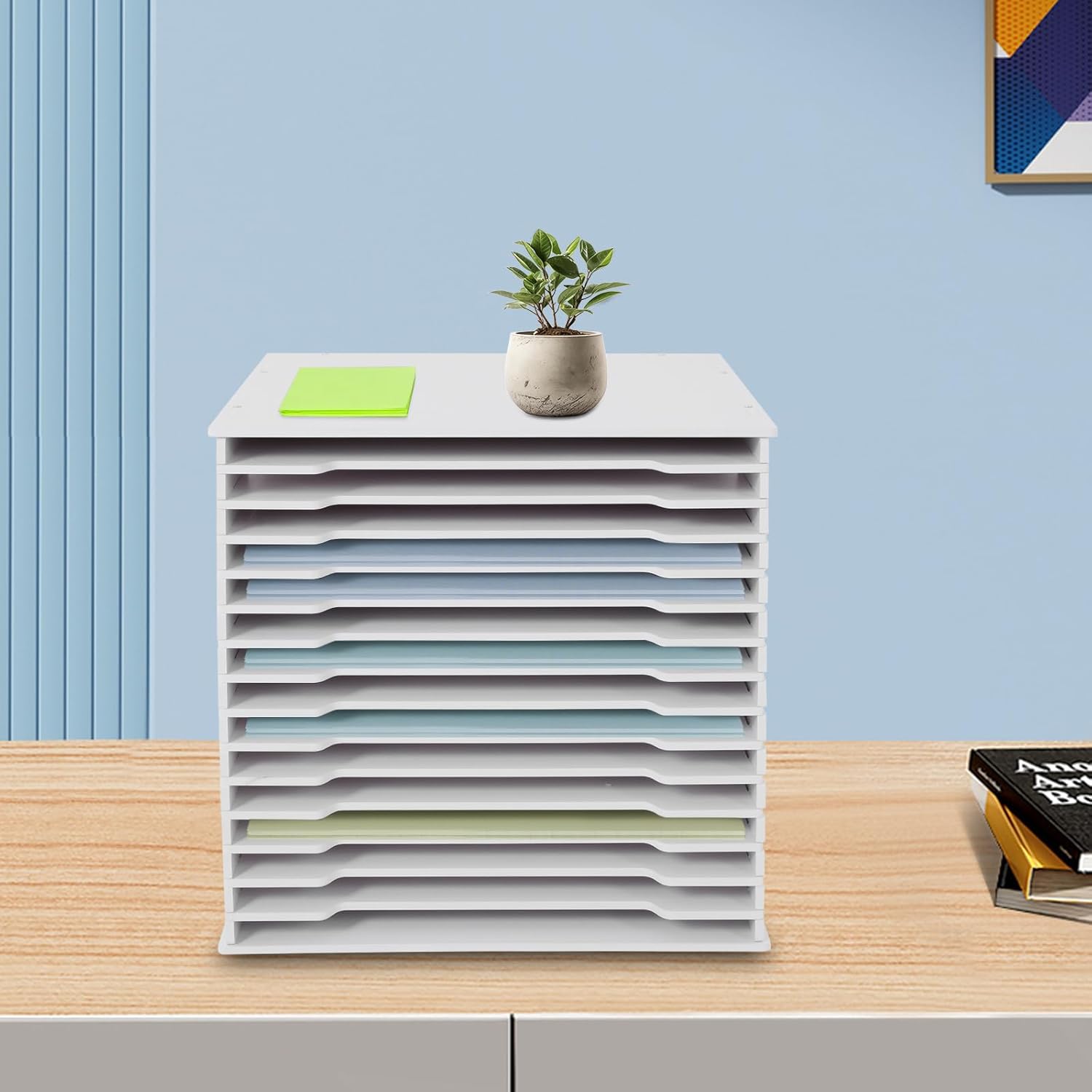 12x12 Scrapbook Paper Organizer, 15 Slots File Storage Cabinet with Removable Shelves, Modern White PVC Organizer for Craft Room & Office (White