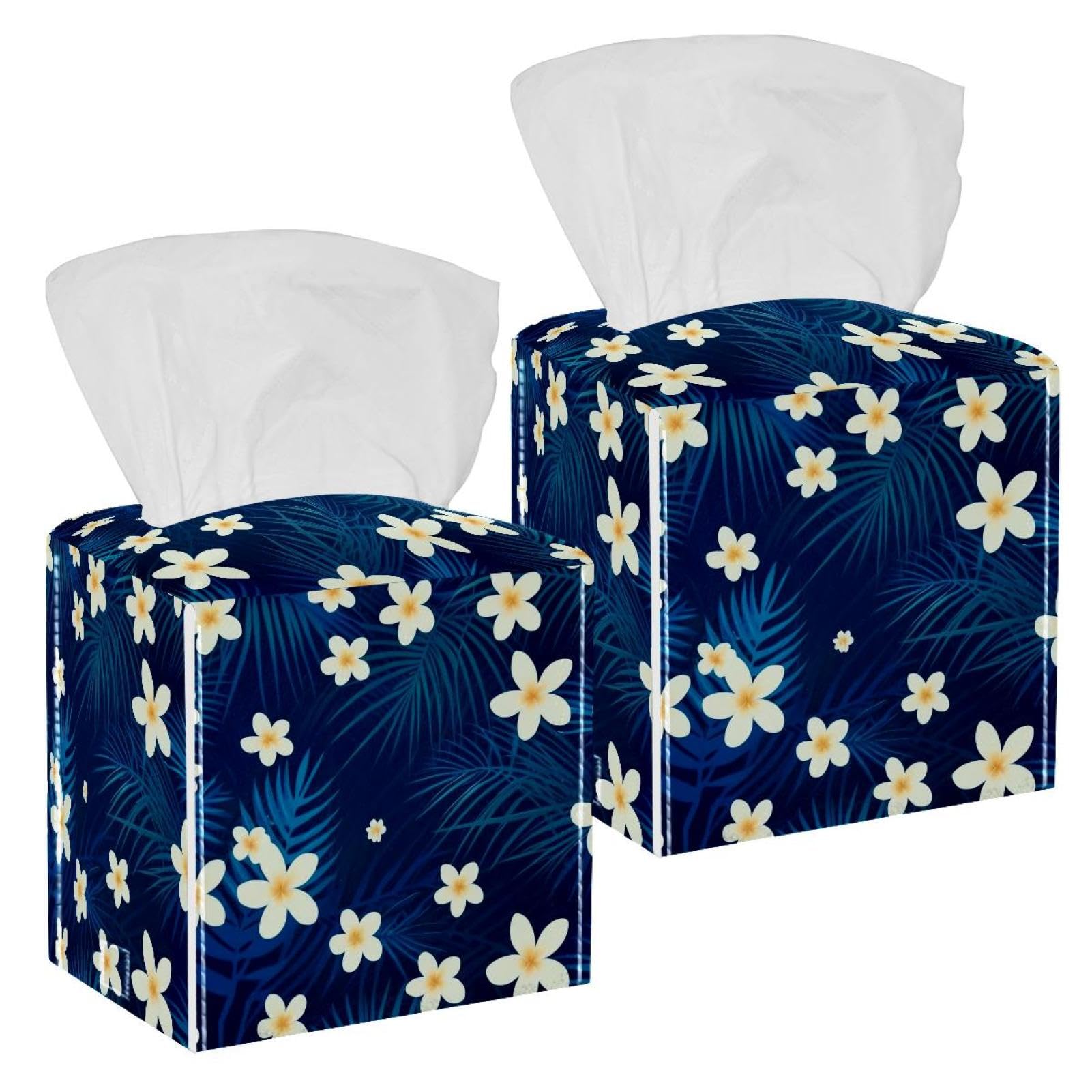 Artistic Leaves Tissue Box Cover, 2 Pack PU Leather Square Facial Tissue Dispenser Box holder for Home Office Car