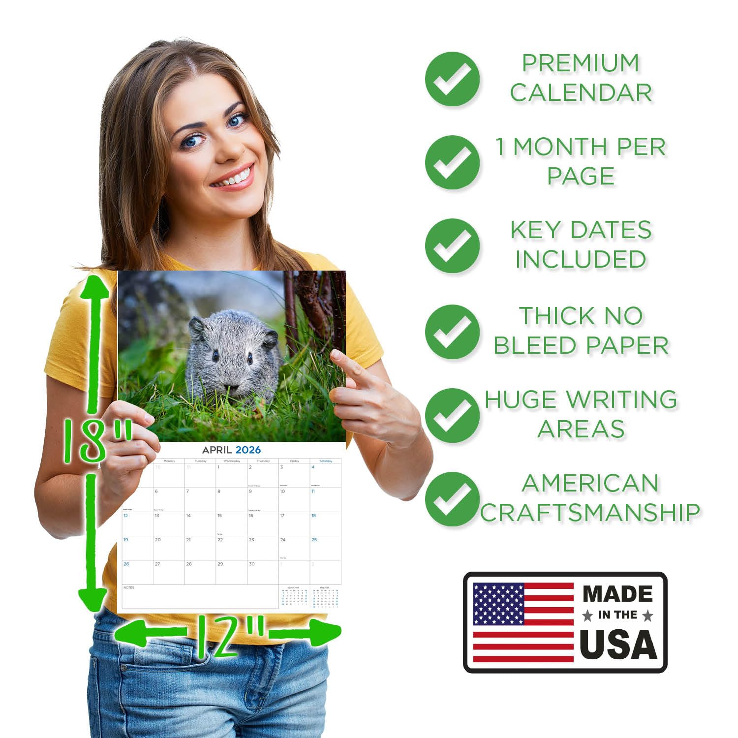 Calendario 2024 2025 de conejillos de indias, calendario mensual de pared de animales lindos, abierto de 12 x 18 pulgadas, papel grueso que no se corre, regalo, planificador académico para profesores,