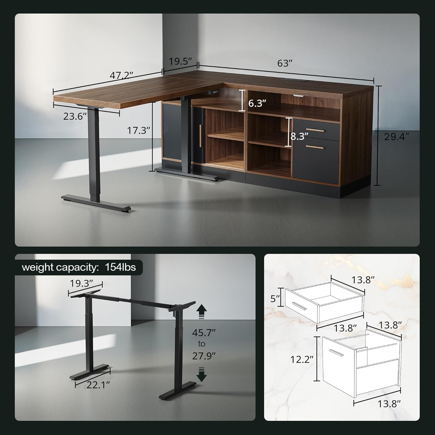 67" L Shaped Standing Desk with Storage and Drawers,File Cabinets, AC/USB, 1.18" Desktop, Height Adjustable Electric Stand Up Desk, Multiple Functions for Home and Office, Black Walnut