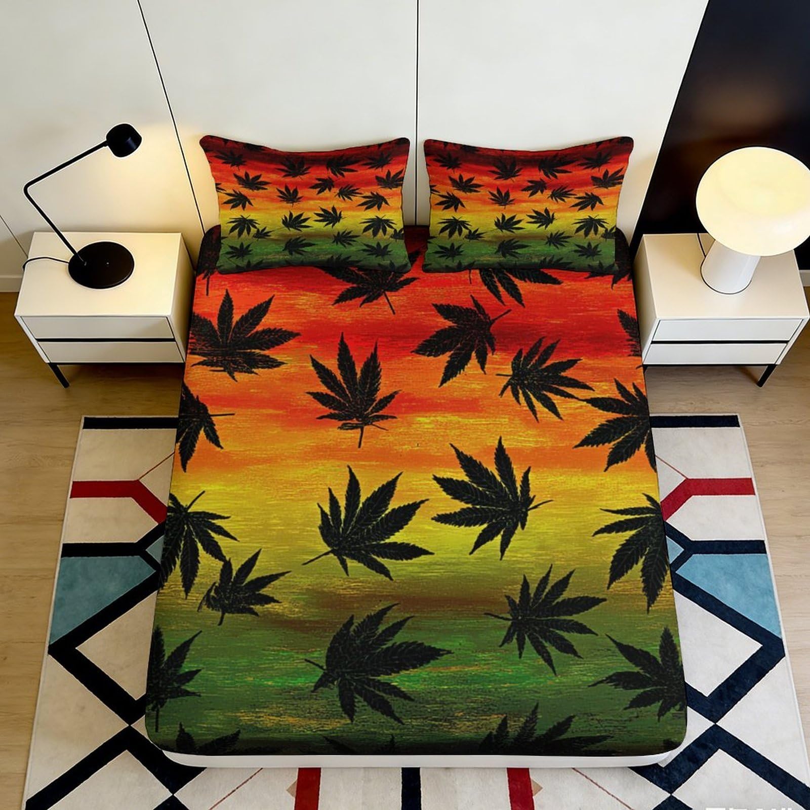 3D Printed Rasta Gradient Fitted Sheet Microfiber Soft Cannabis Leaf Bed Cover for Bedroom Dorm Mattress Decor 90x200x25cm