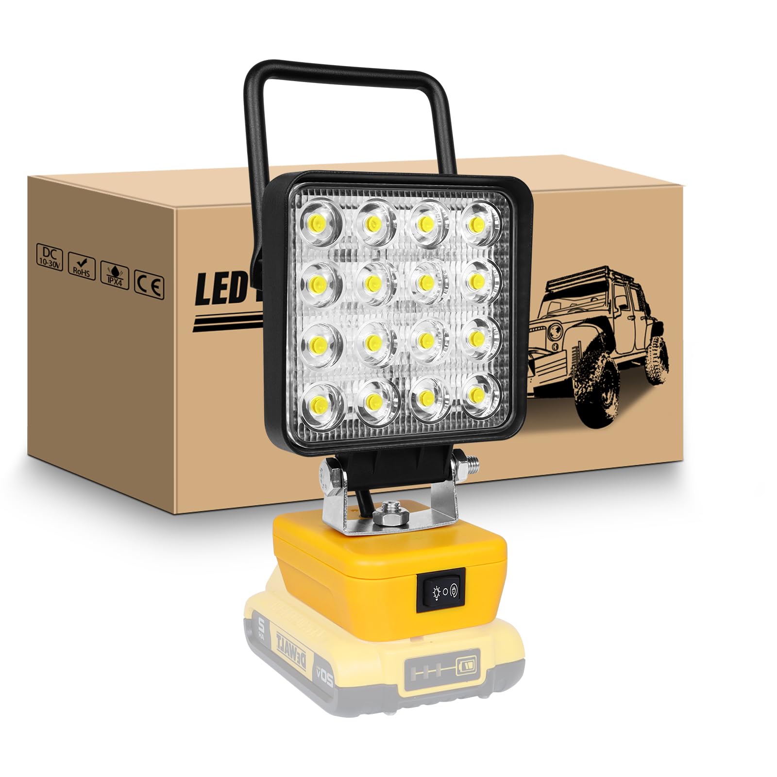 RIGIDON Lampa robocza LED bezprzewodowa 48W 4800lm, kompatybilna z Dewalt 18V/20V, 16 żarówek, 120° kąt wiązki światła, IPX4, -20°C do 60°C