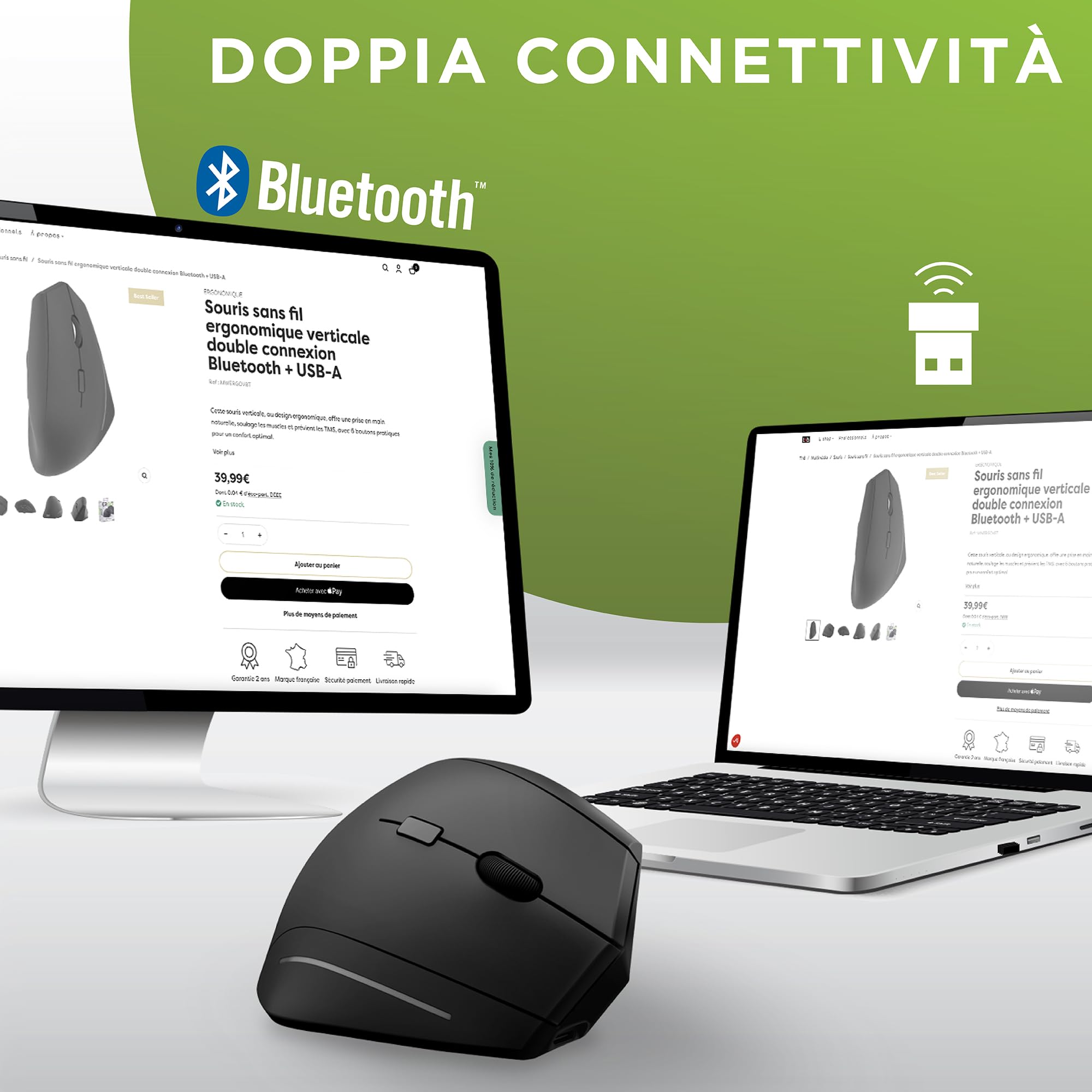 T'nB - Mouse Verticale Ergonomico Wireless, Inclinazione 53°, Riduce il Dolore al Polso, Bluetooth/USB-A, Tasti Avanti/Indietro, Comfort Ottimale - Nero