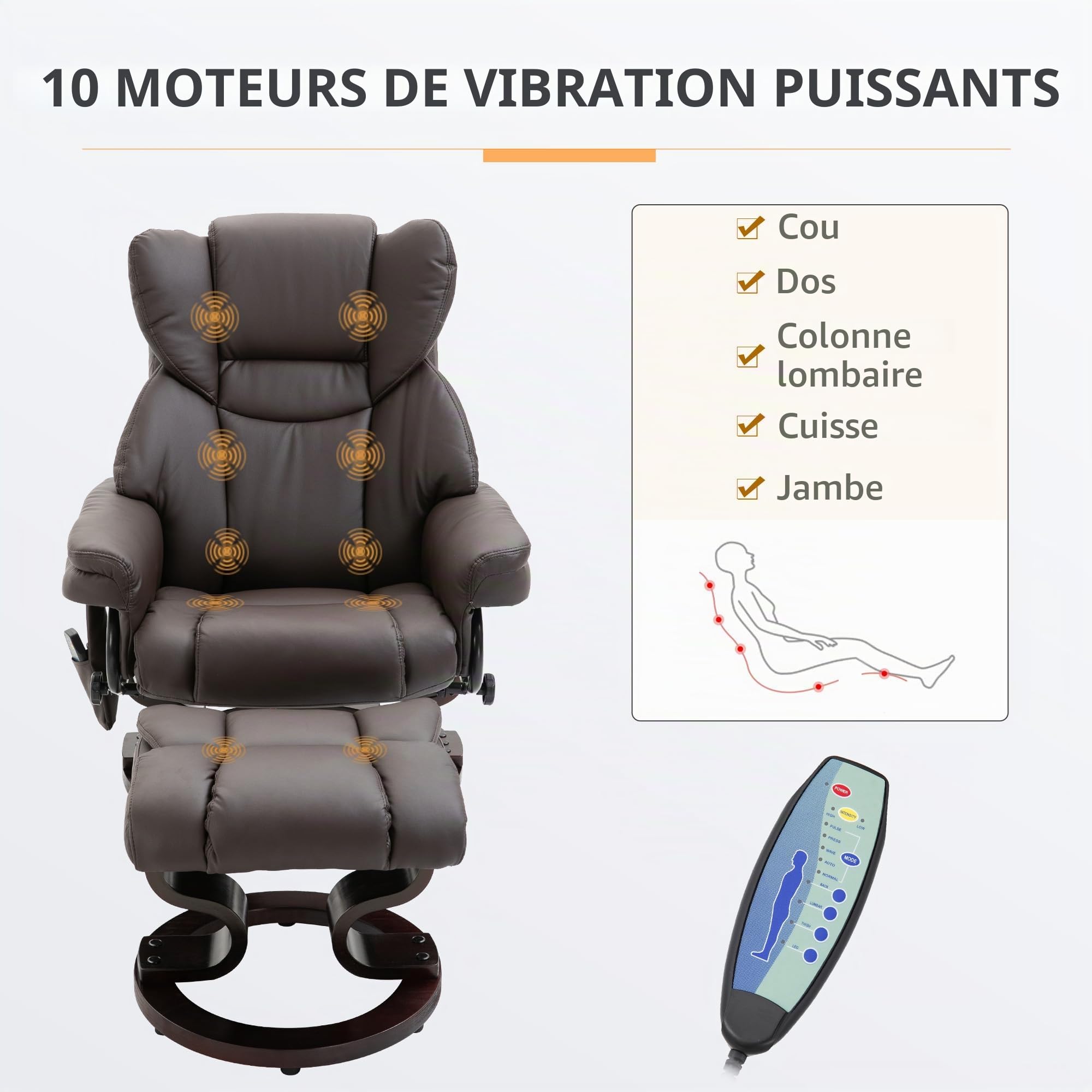 HOMCOM Fauteuil Relax avec Repose-Pieds, Massage, inclinable, Marron