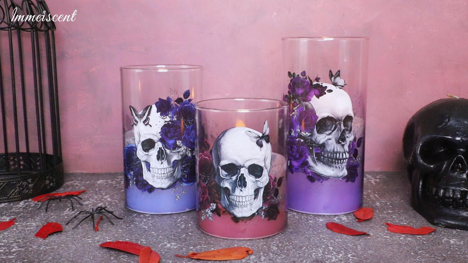 Image of Halloween Glass Flameless Candles Romantic Gothic Skull Floral Battery Operated Remote Timer Flickering LED Pillar Candle for Wedding Party Goth Bathroom Decor