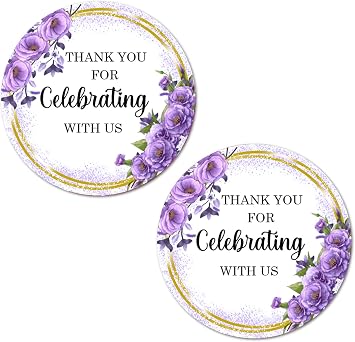 40 Violet Flowers Thank You for Celebrating with Us Stickers, 2 Inch Big Round Glossy Labels, Great for Weddings, Bridal Shower, Engagement Party, Party Favors Decor, Tags, Supplies. Made in USA.