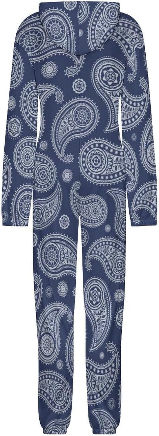 Blue Paisley Bandana Adult Pajamas Onesie with Hood Pocket Jumpsuits One Piece Sleepwear