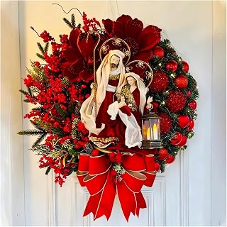 Holy Family Wreath Decorations Large Christmas Front Door Wreaths with Lights Nativity Scene Set Ornaments Winter Fall Berry Xmas Wreaths for Windows Indoor Outdoor Jesus Figurine Wall Decor (B, 12IN)