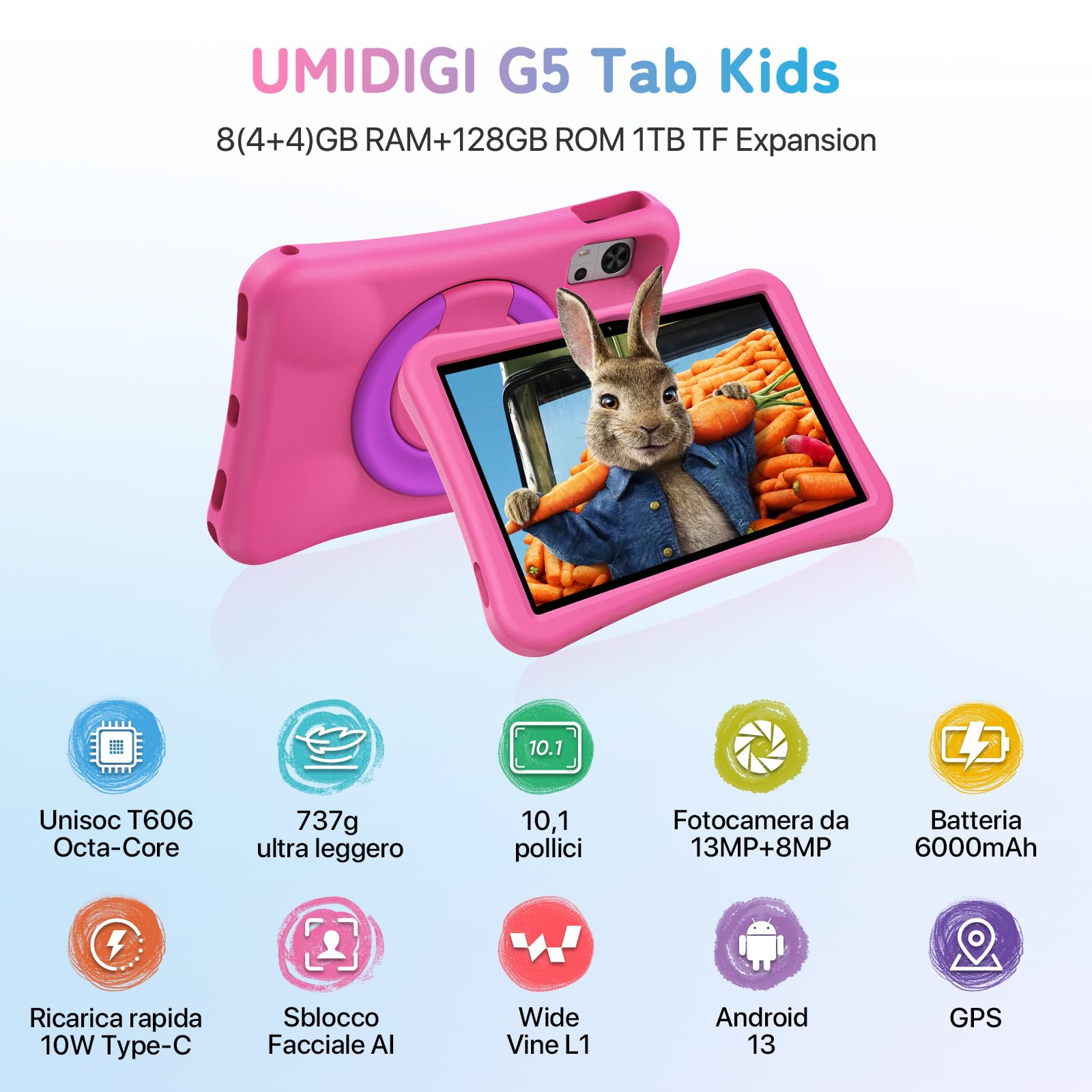 UMIIDIGI Tablet Bambini con Sim,Studia Online e Goditi un Viaggio Tranquillo,G5 Tablet kids 10 Pollici,Android 13 Tablet per Bambini 2 a 10 anni/Controllo Parentale/8+128GB/Octa-Core/6000mAh/GPS/WiFi
