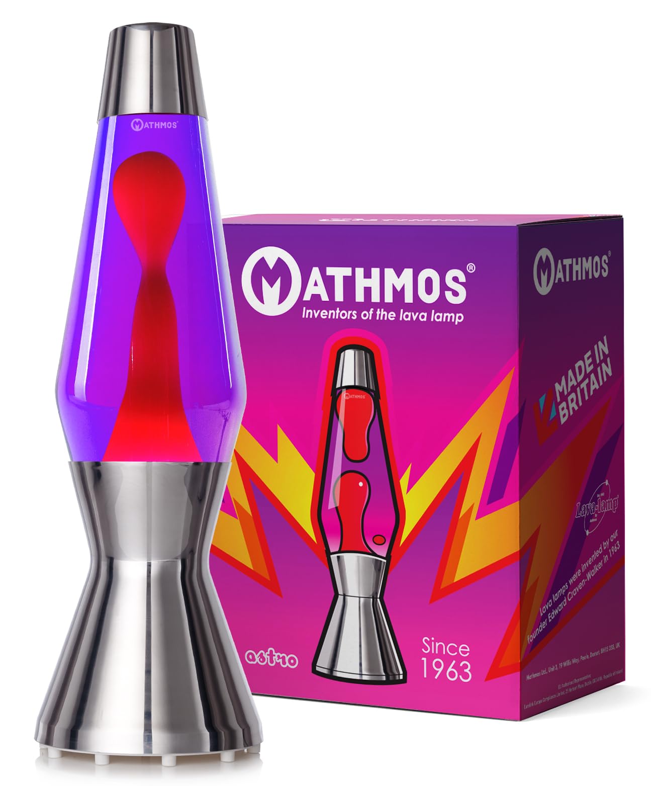 MATHMOS Astro Lava Lamp in Silver | UK Inventors of The 1963 Design Classic | Violet & Red Lava Lamps Handmade in Britain to The Highest Safety Standards