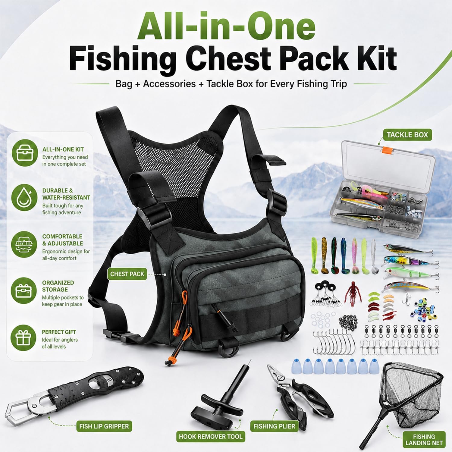 Fishing Chest Pack Vest Bag w/ Fish Floating Landing Net Gifts for Men | Combo Tackle Box, Fishing Lures Kit, Hook Remover, Fish Lip Gripper, Fishing Plier Friendly for Beginners (w/ Fish Net) Green
