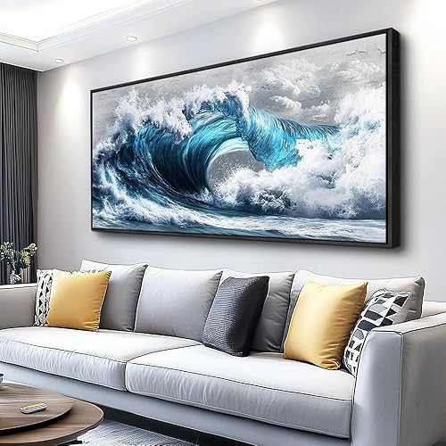 Miniatura 1 de PHAOHUAXM Lienzo grande con diseño de ondas azules, arte de pared para sala de estar, decoración de pared para dormitorio, océano, impresión de