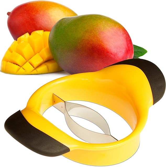 Relaxdays Mango Slicer, Split & Core Mangos, Non-Slip Handles, Stainless Steel Blade, Cutter, Black-Yellow