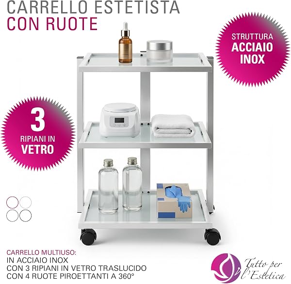 Carrello Estetista con Ruote - Mobiletto con Ruote, Multiuso in Acciaio Inox e 3 Ripiani in Vetro Traslucido - Carrello Portaoggetti per Estetica, Ceretta, Tattoo e Medico - Elegante e Solido | 24 Kg - 2