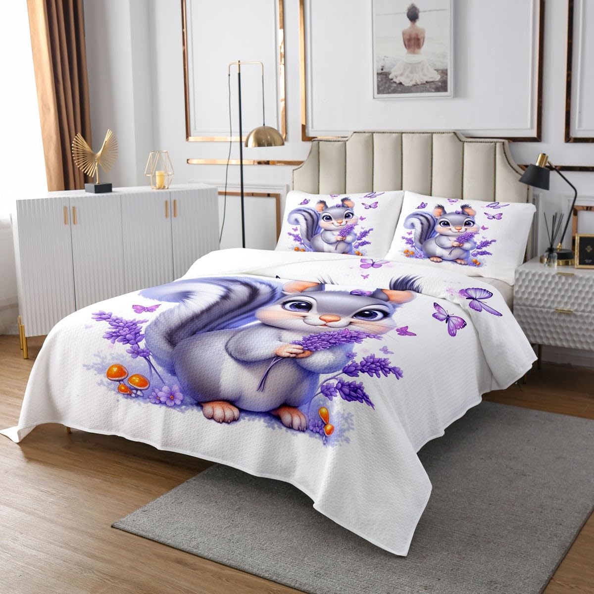 Erosebridal Cute Cartoon Squirrel Girls Queen Coverlet Sets Woodland Animal Quilt Set for Kids Teen Women,Purple Romantic Flowers Bedspread Sets Spring Garden Watercolor Butterfly Bed Set