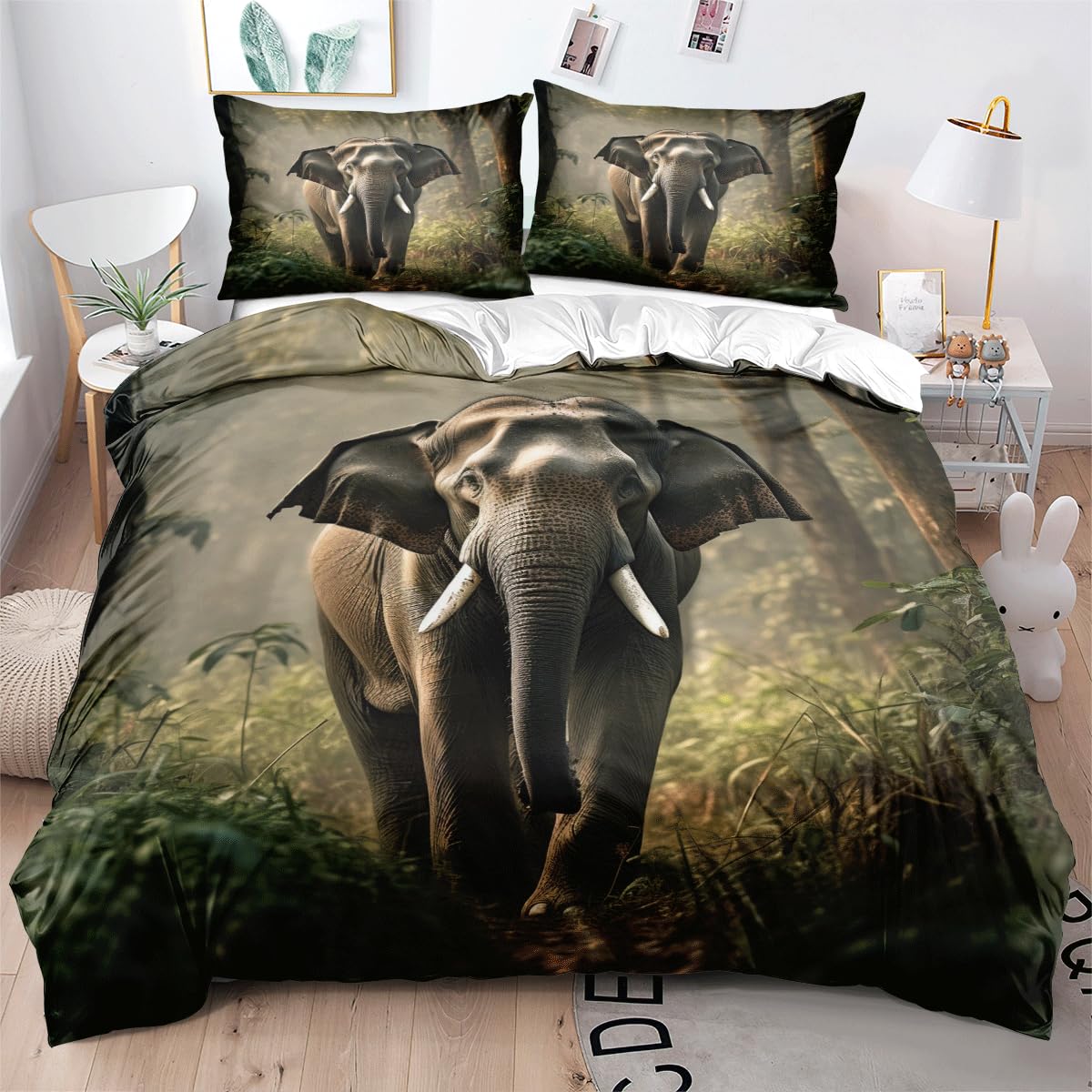 Ydtwnyq Elephant Duvet Cover Set Twin Wildlife Elephant Forest Plants Trees Natural Scenery Print Bedding Set Soft Microfiber Quilt Set with 2 Pillowcases for Kids Teens