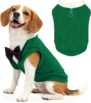 Cute Dog Fleece Sweater with D-Ring, Fall Winter Dog Clothes Tuxedo Costume with Bowtie, Soft Puppy Sweatshirt Corgi Bulldog Apparel Dachshund Outfits for Small Medium Large DogsGreen,4XL