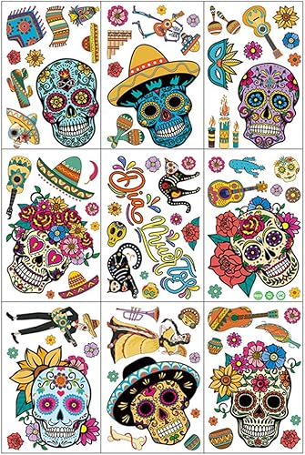 Miniatura 5 de 9 calcomanías mexicanas para ventana del Día de los Muertos, decoración de ventana de Halloween con calavera de azúcar, esqueleto, gnomo, flores,