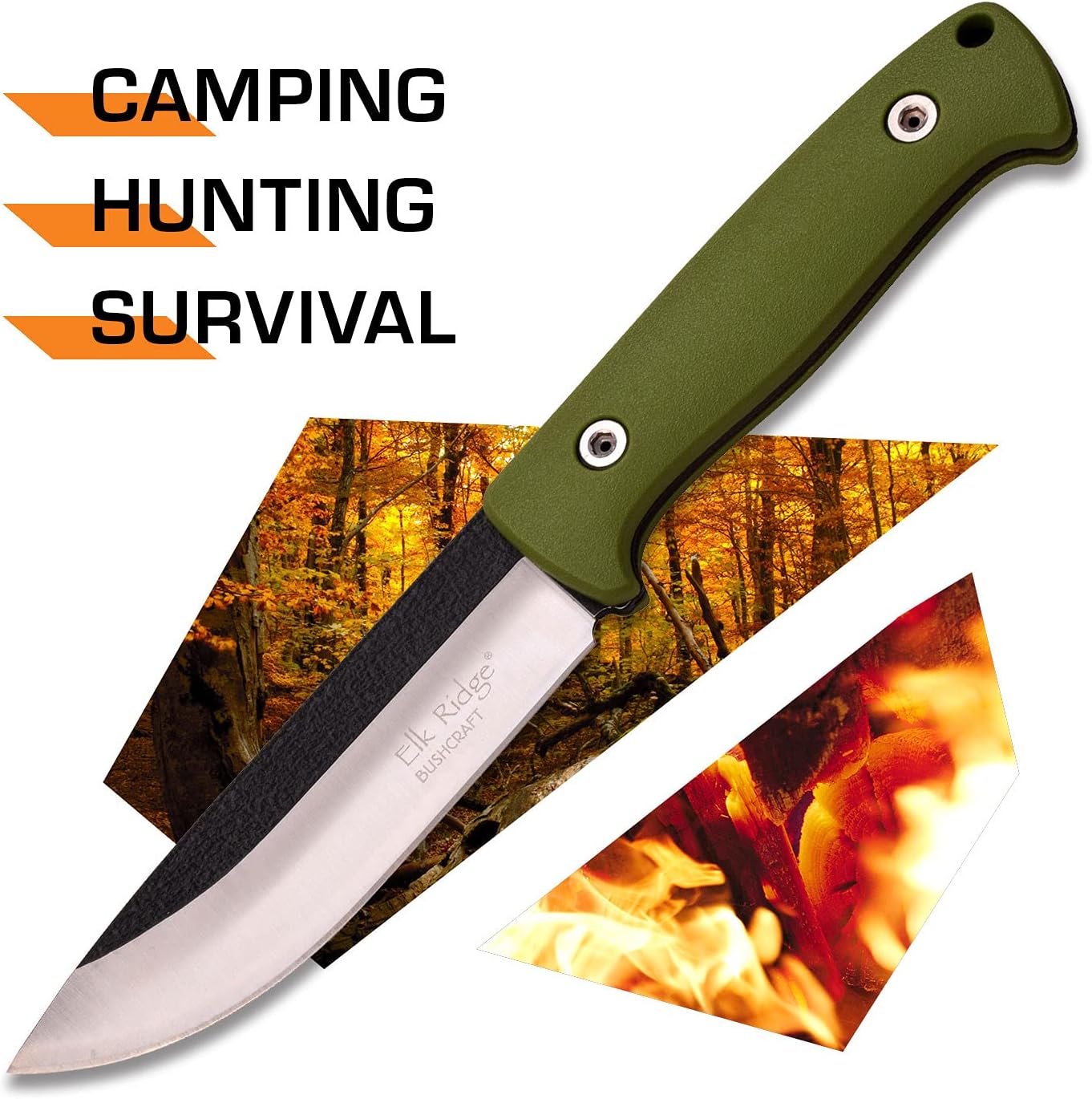 Elk Ridge Outdoors Fixed Blade Knife, 10.5-in Overall, Nylon Fiber Handle, Nylon Sheath, Sharpening Stone, Fire Starter, Hunting, Camping, Survival - ER-555 Series