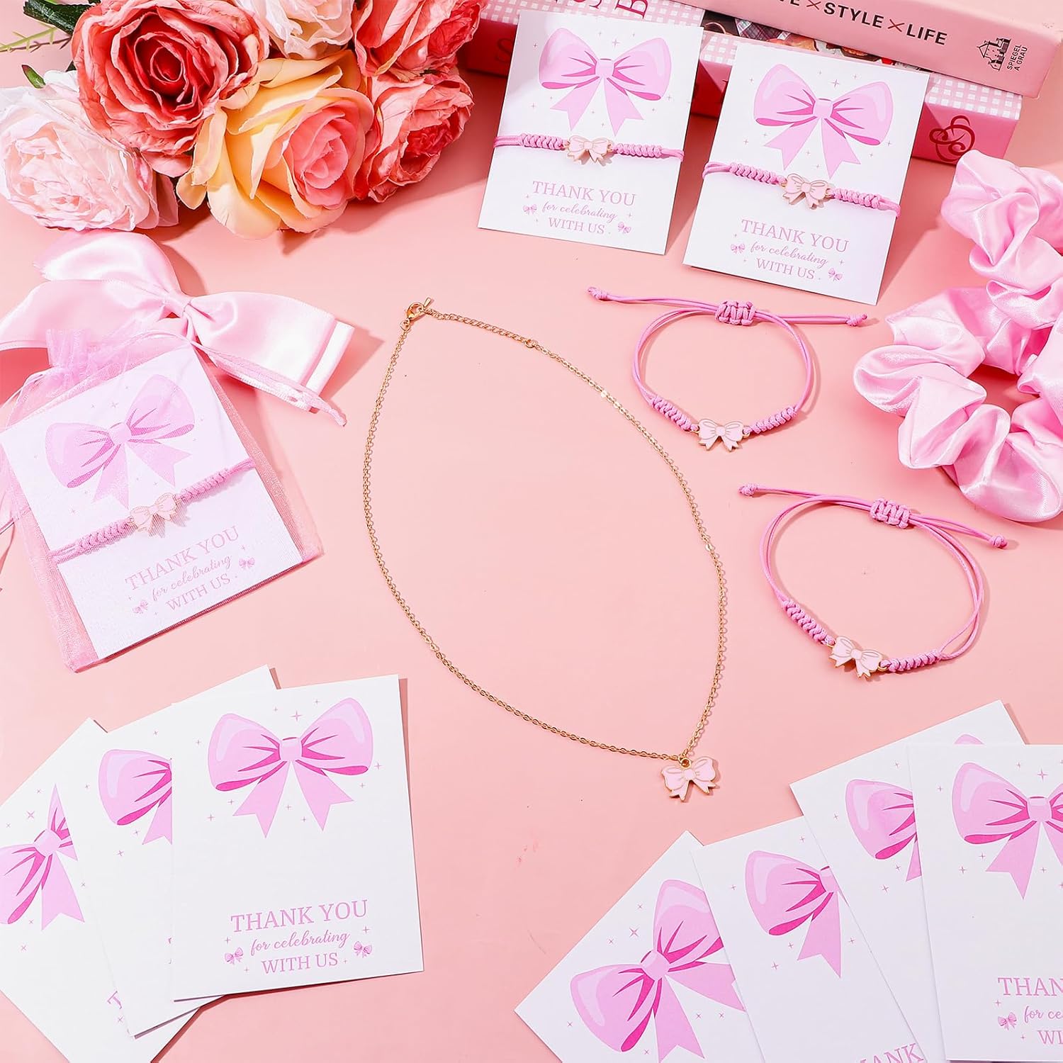 12Sets Bow Party Favors Gifts Bulk Coquette Bow Braid String Bracelets Bows Necklace Ribbon Jewelry Bulk Pendant Charms Hair Ties Bag Card Cheerleader Adjustable String Rope Braided Favor - Image 5